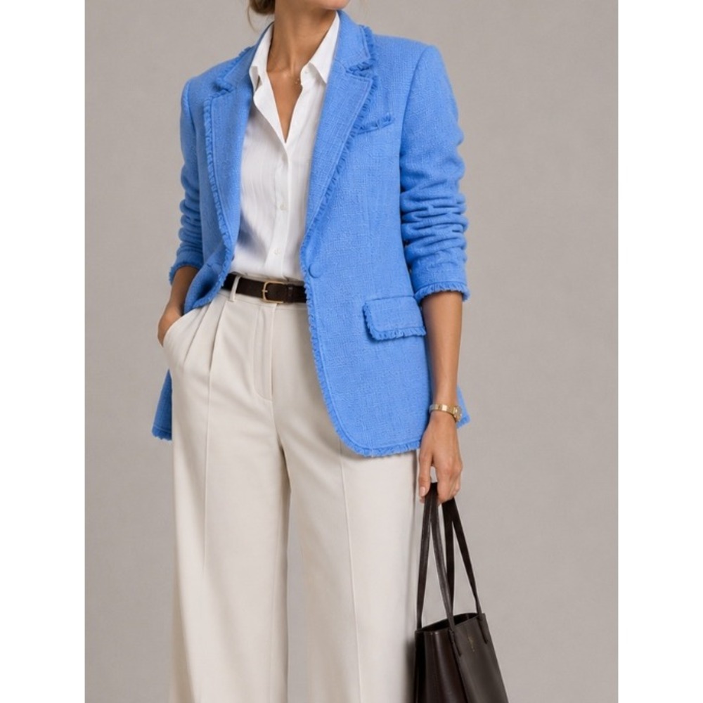 Cinq a Sept Khloe Ruched Sleeve Tweed Blazer Light Blue Sz 16 Fringe Trim Jacket
